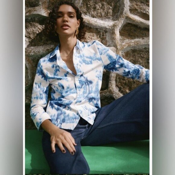 NWT ZARA Printed Poplin Button Up Shirt Blue White Women’s SMALL 3134/153/400 - Picture 3 of 12